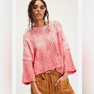 NWT Free People Washed Ashore cable stitch cotton sweater - color "Pink Rose” XS